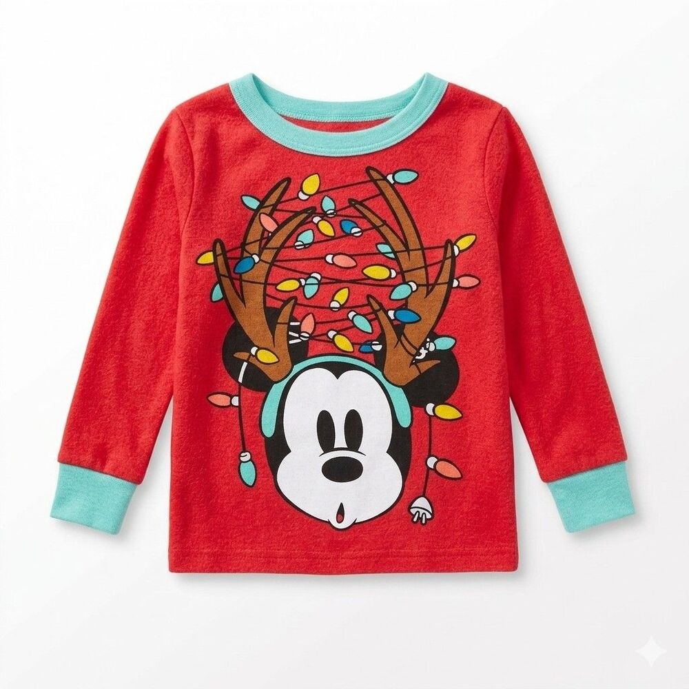 Disney Mickey Mouse Christmas Lights Pajama Top Toddler 3T Red Long Sleeve